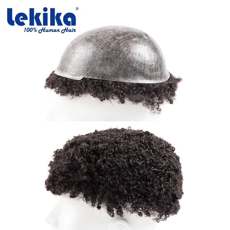 Afro Curly Toupee para homens negros, prótese de cabelo masculino, perucas duráveis, 100% cabelo humano, 0.1mm Injection Skin Wig, 10mm