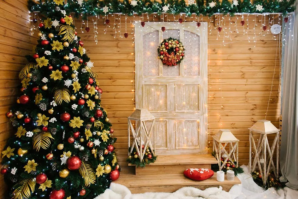 Fondo fotográfico de cabina de madera, pared de ladrillo, árboles de Navidad, luz nocturna, pan de jengibre, Pancarta, accesorios para sesión fotográfica
