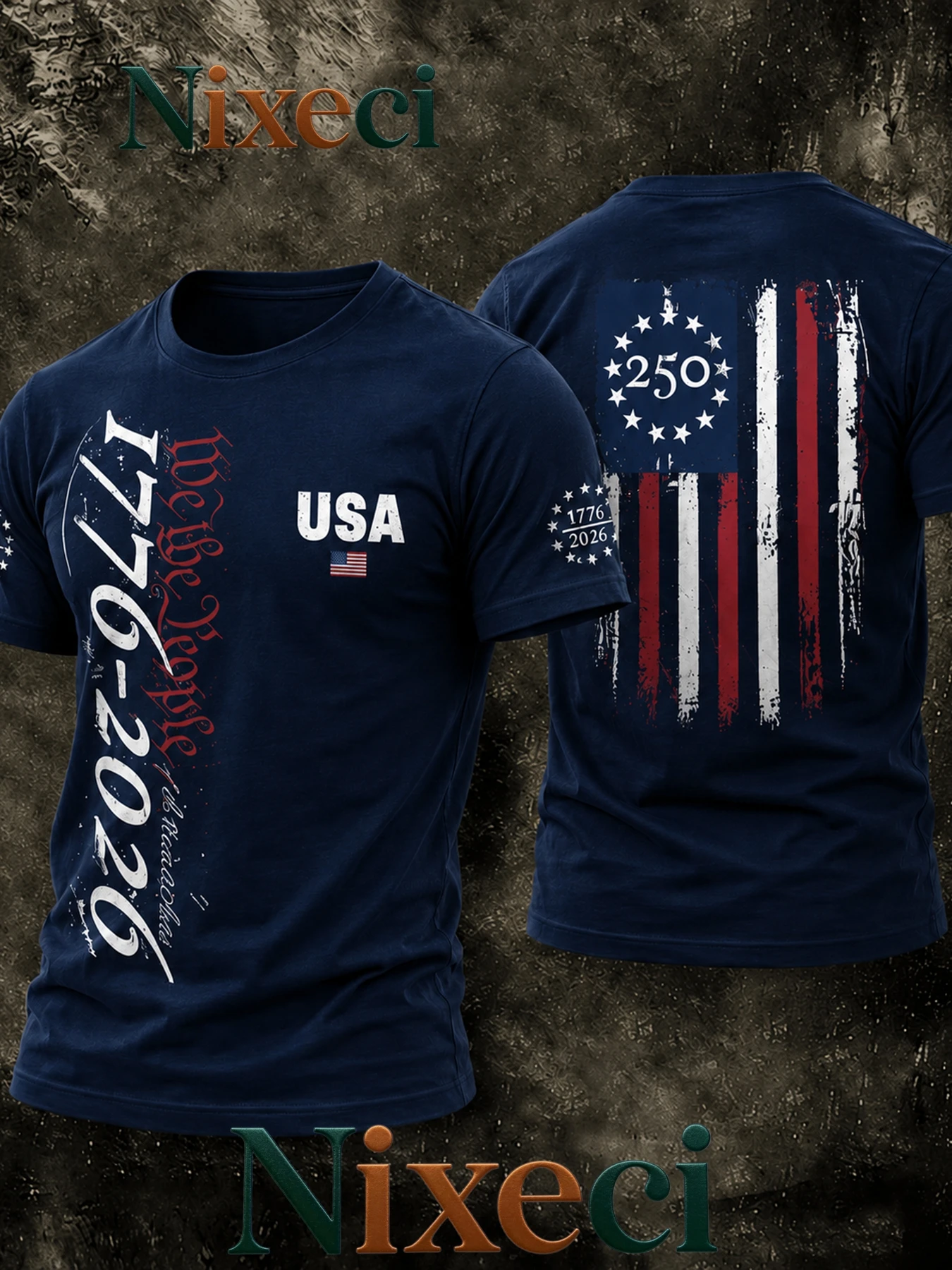 American Retro Distressed USA Flag Short-Sleeved T-Shirt, Independence Day 1776-2026 Printed Summer Loose Casual Men's T-Shirt.