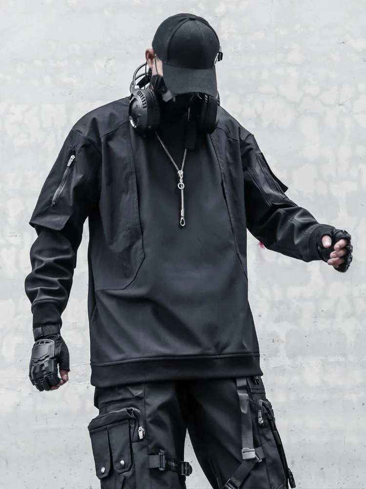 

Avant-Garde Techwear Style Streetwear round Neck Sweater Men's Stitching Fake Two-Piece Heavy Long Sleeve Fleece Pullover Punk