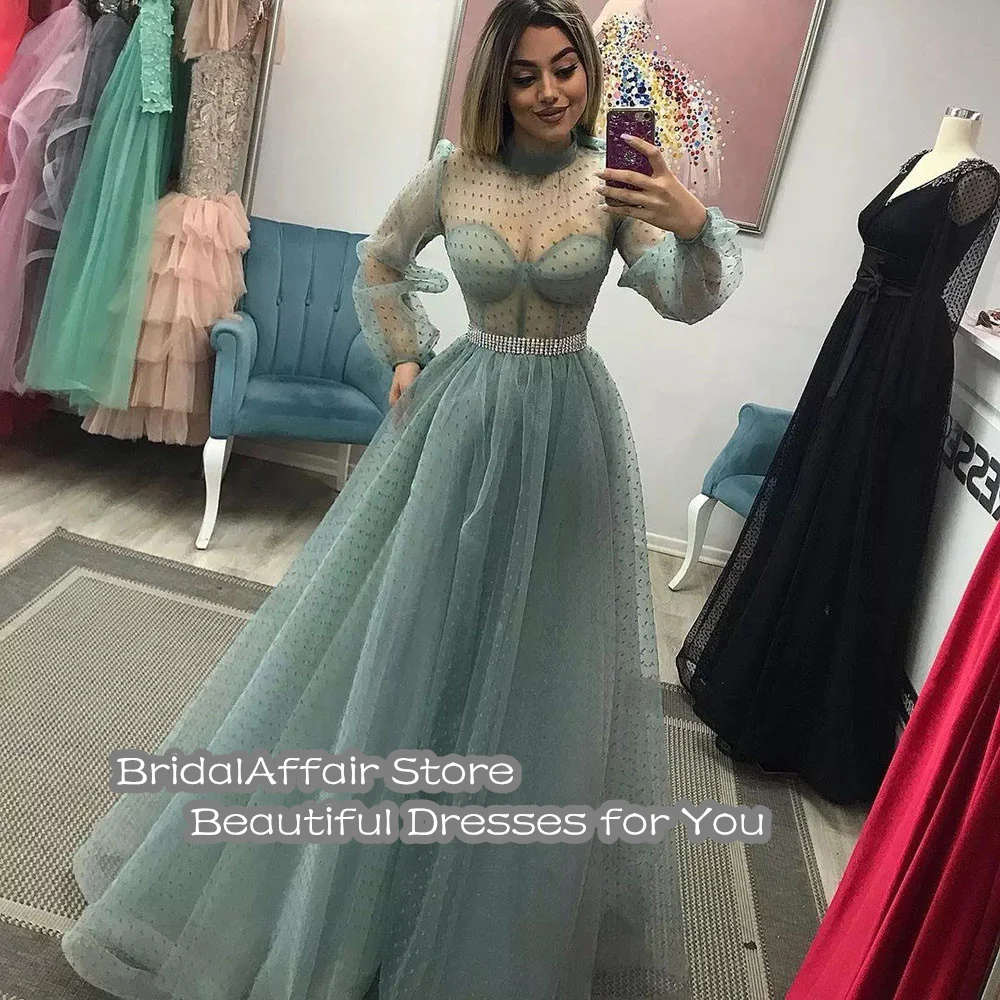 Dusty verde pontilhado tule vestidos de baile mangas compridas alta pescoço cristal cabido ossos formal vestidos de festa à noite plus size