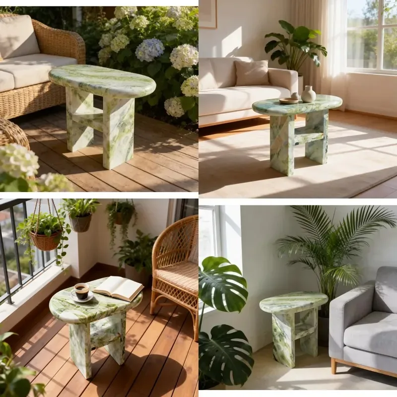 Natural Green Marble Polished Waterproof Oval Side Table Unique Texture for Bedroom Living Room Villa Home Decor Furniture