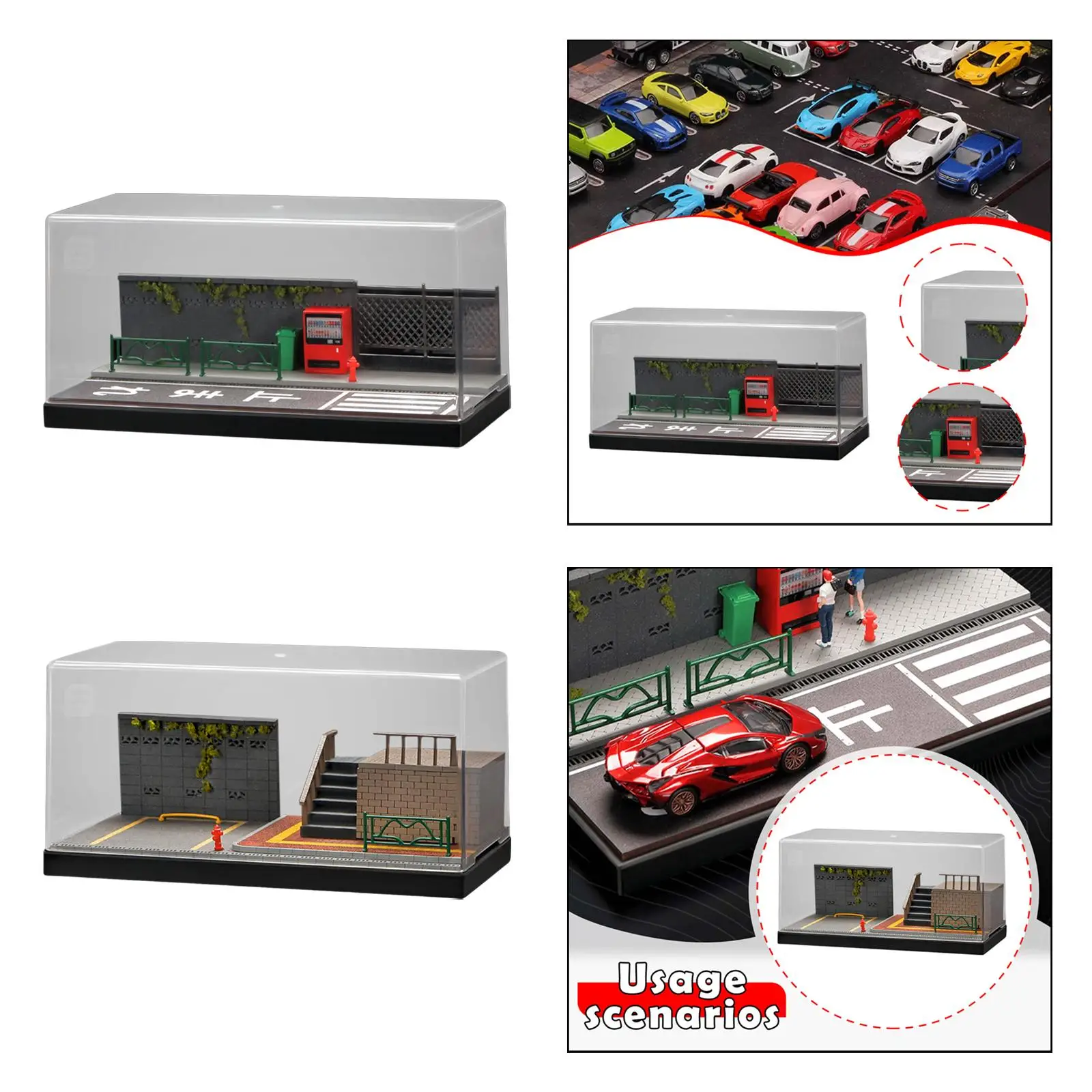 1/64 Scale Diecast Model Car Display Case สำหรับรถสปอร์ตสตรีทฉากพื้นหลังเดสก์ท็อปตกแต่งตกแต่งที่จอดรถไดโอรามา