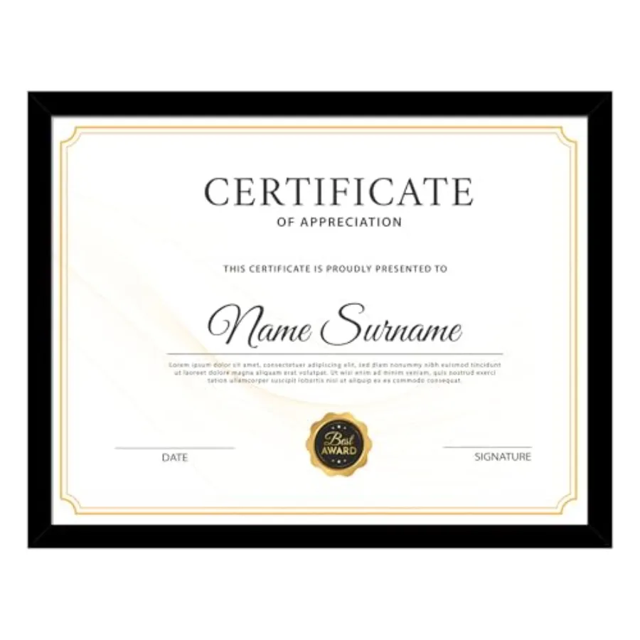 8.5x11 Picture Frame Black, 8.5 by 11 Award Certificate Diploma Document Frames for Wall or Tabletop Display, 1 Pack