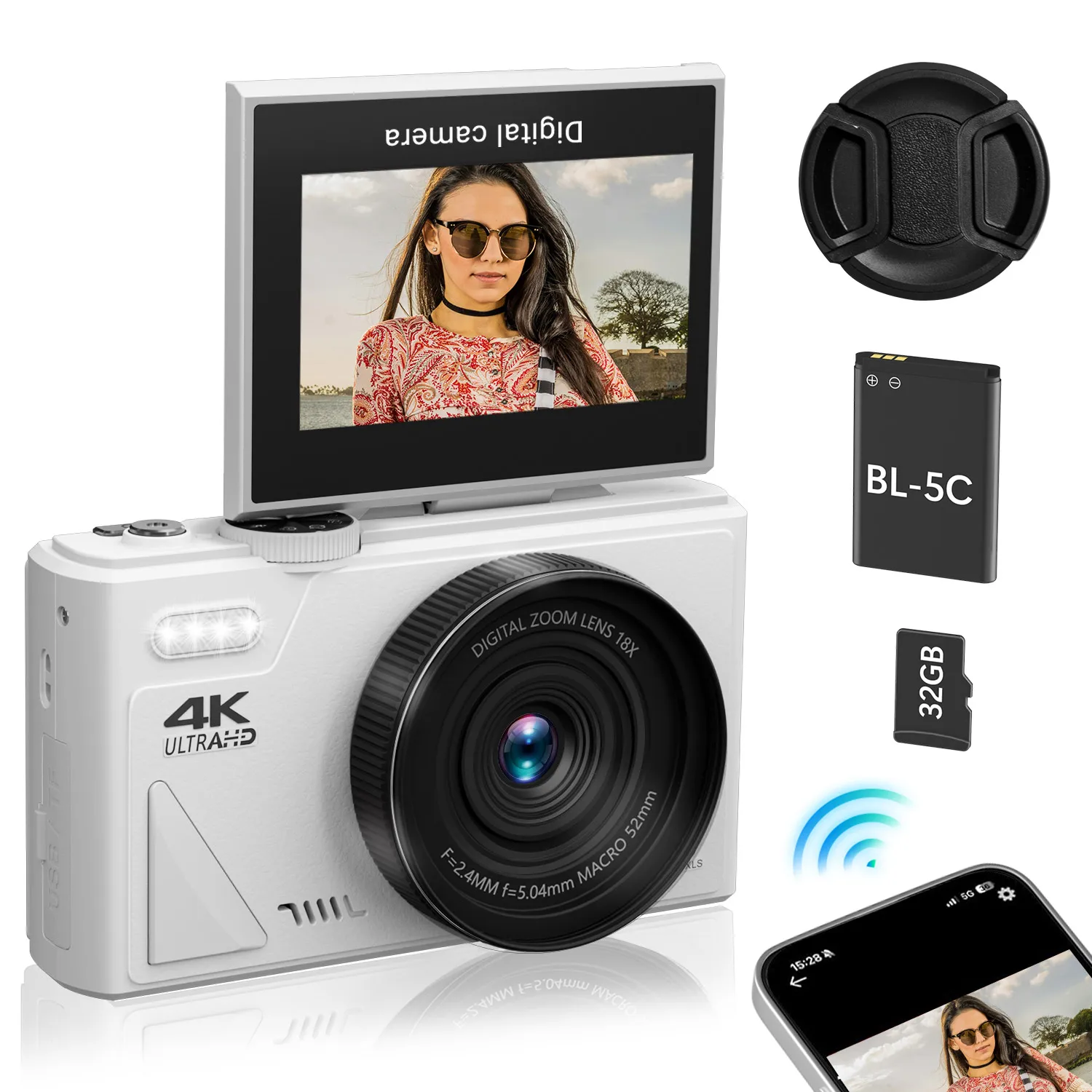 To 4K Digital Camera for Photography and 18X Digital Zoom Camera 64MP Compact Vlogging You Tube Camera 3'' Flip Screen with