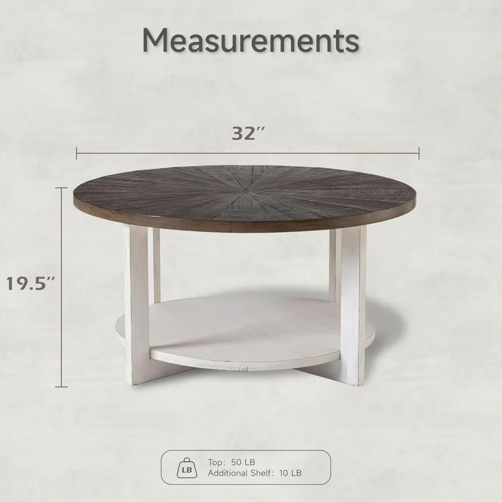 Rustic Farmhouse-Style Large Circle Coffee Table with Storage and Distressed Wood Surface