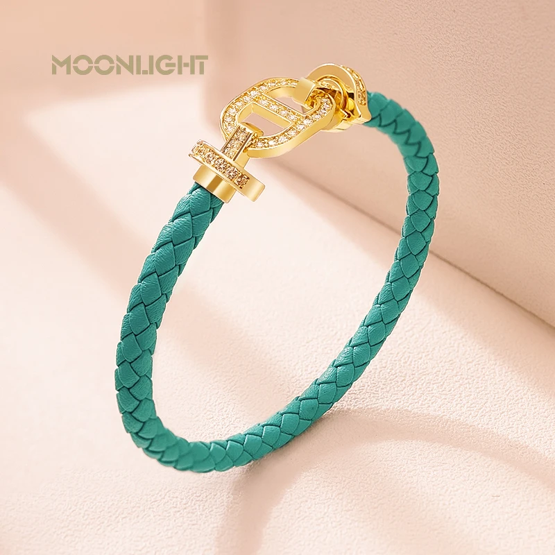 MOONLIGHT Fashion Classic Pig Nose Shape Leather Braided Bracelet for Women Cubic Zirconia Bracelet Hand-woven Jewelry Gifts