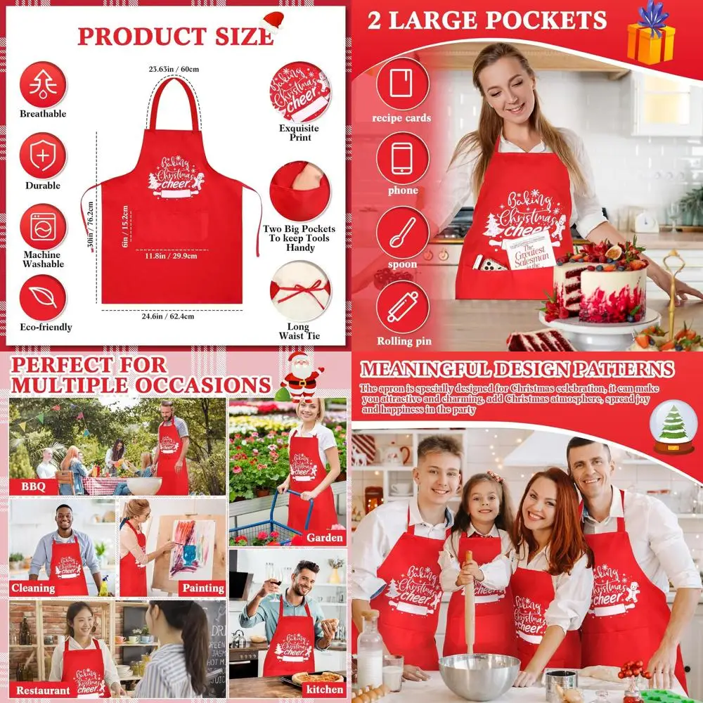

Set of 12 Unisex Red Christmas Chef Aprons with Pockets for Kitchen and BBQ, Polyester Material