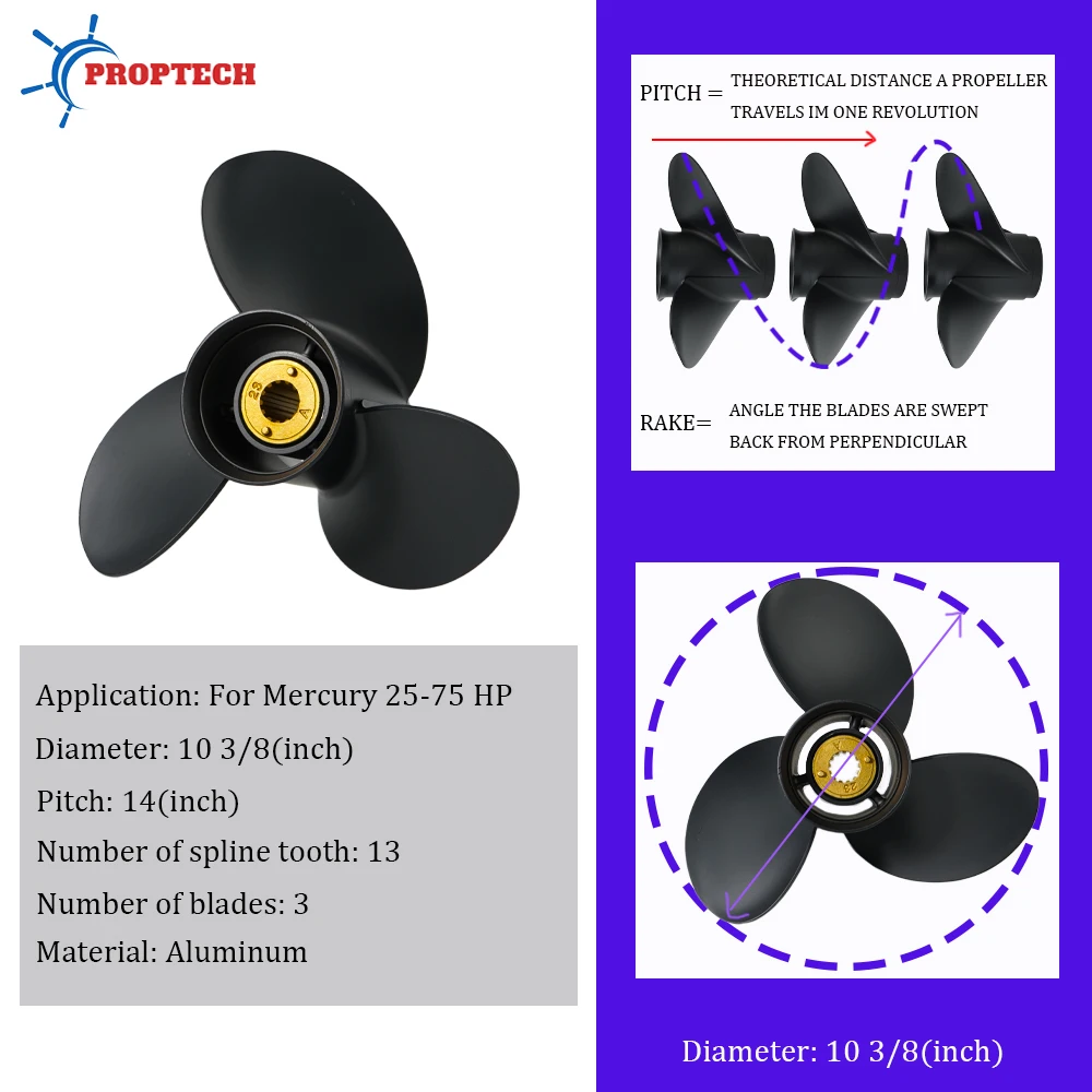 For Mercury 10 3/8x14 Boat Propeller 25 30 35 40 48 50 55 60 70 75hp Outboard Motor Screw 48-816706A45 3 Blade 13 Spline Tooth