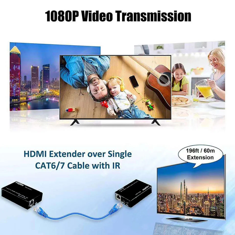 HDMI Extender with IR & Loop Out 1080P HDMI Extender 60m No Loss RJ45 to HDMI Extender Transmitter Receiver over Cat5e/Cat6 HDTV