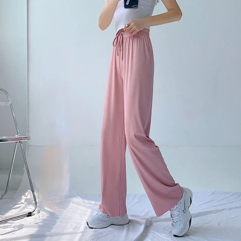 Pantaloni casual da donna All-match comodi a vita alta estivi con coulisse femminile 4 colori gamba larga semplice studente in stile coreano solido