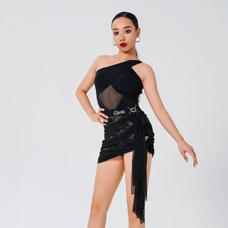 Customized Latin Dance Dress Women's Clothing Slant Collar Mesh Top Lace Wrap Hip Skirt Practice Exercise Performance Costumes