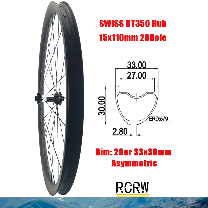 29er MTB AM 33X30mm Front Wheelset Carbon Rim 28 Hole Asymmetric Tubeless 33 Wide 30 Deep SWISS DT350 Boost 15x110mm 6 Bolt Hub