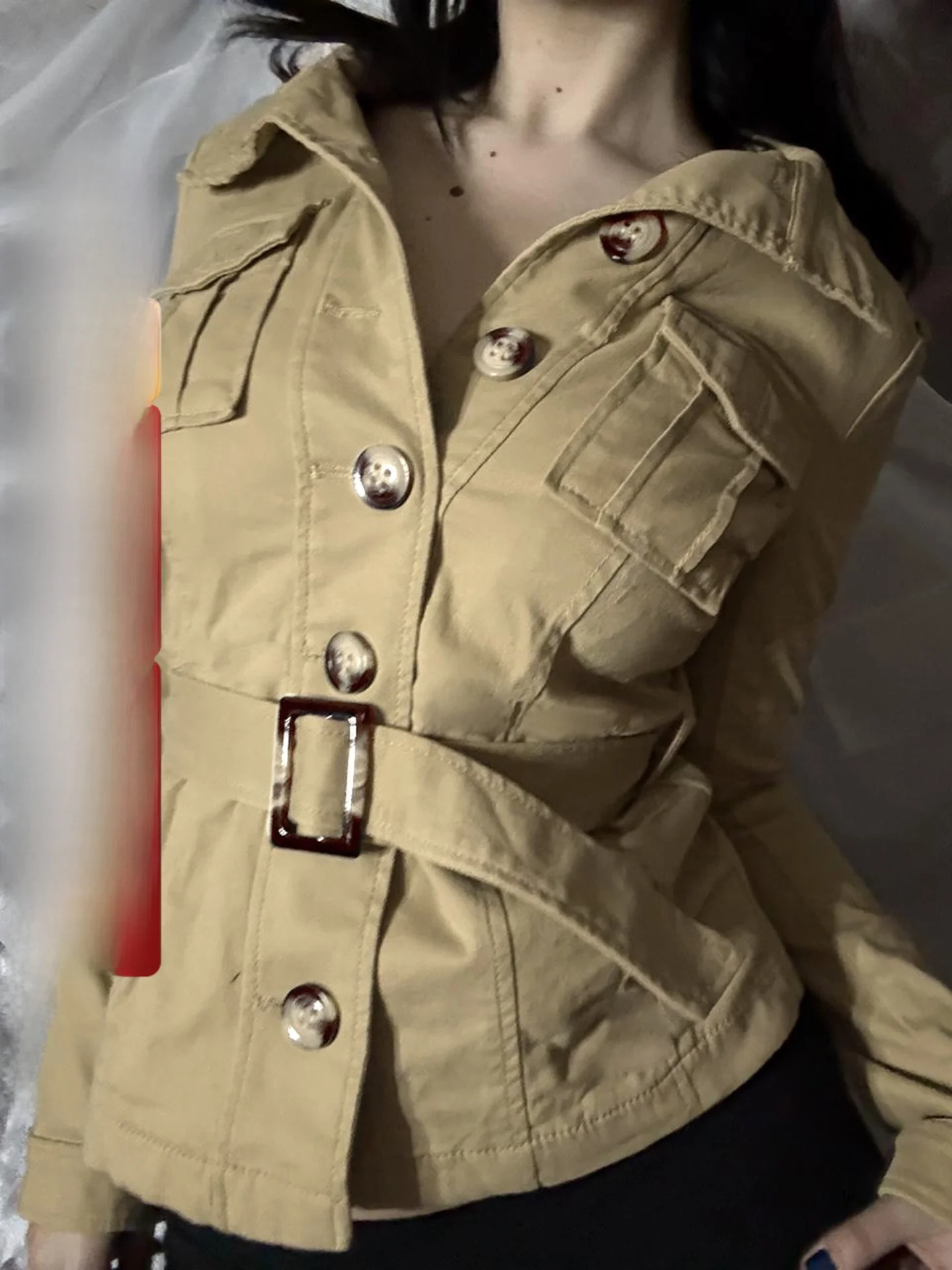 

WEEKEEP American Retro Stand Collar Button Waist Belt Design Long Sve Jaet Women Slim Fit Waist Inward Slimming Trendy