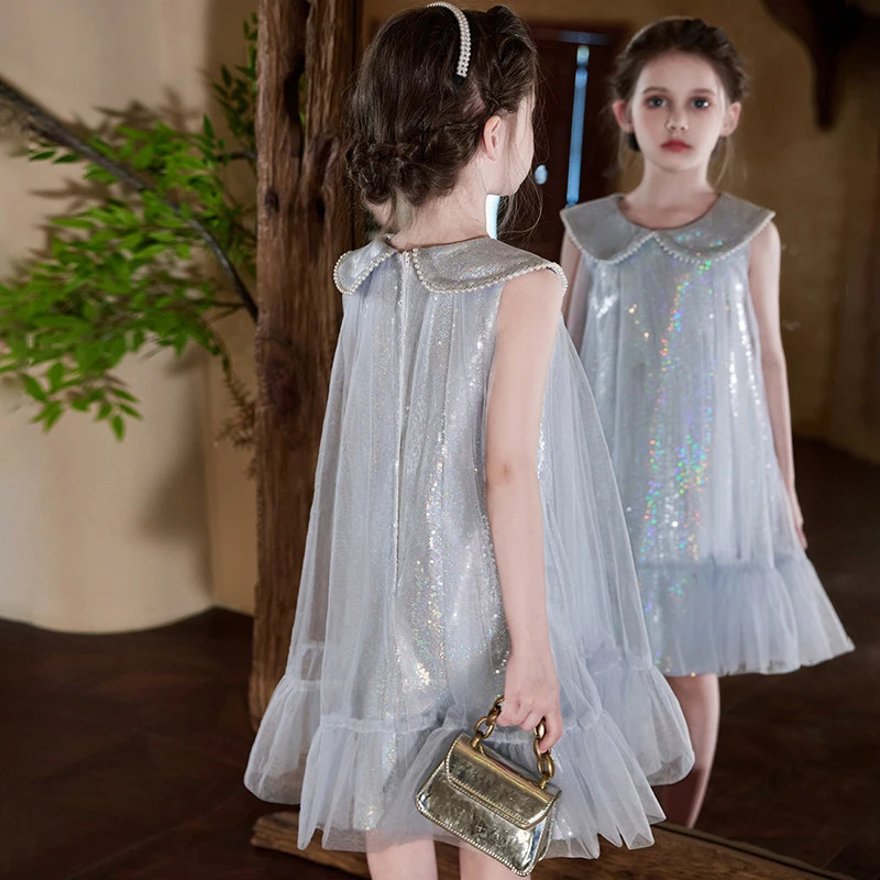 Grey Sequined Dress for Girls 2026 New Fashion Children's Princess Dress Lace Mesh Evening Gown Spring Girls Party Dresses