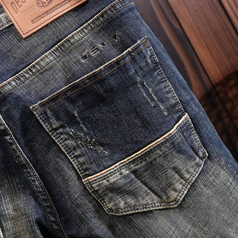 Fashion Designer Men Jeans High Quality Retro Blue Elastic Slim Ripped Jeans Men Trousers Embroidery Vintage Denim Pants Hombre