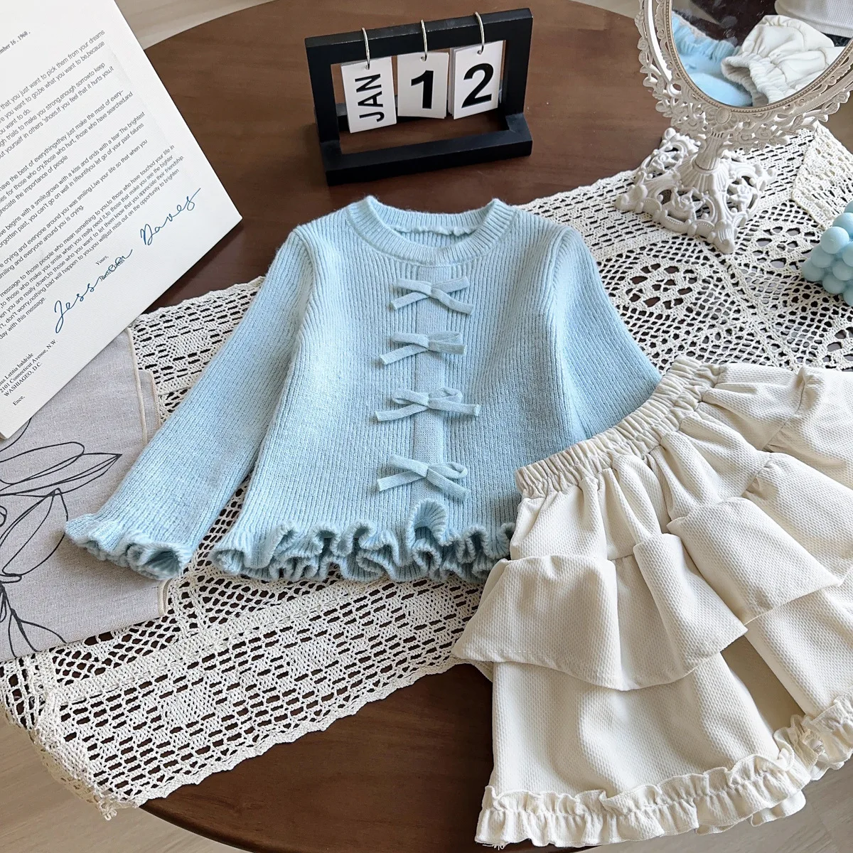 

Girls Blue Sweater 2024 Cute Baby Sweet Knit Top Spring and Autumn New Girls Bow New Long Sleeve Sweater Korean Simple Style