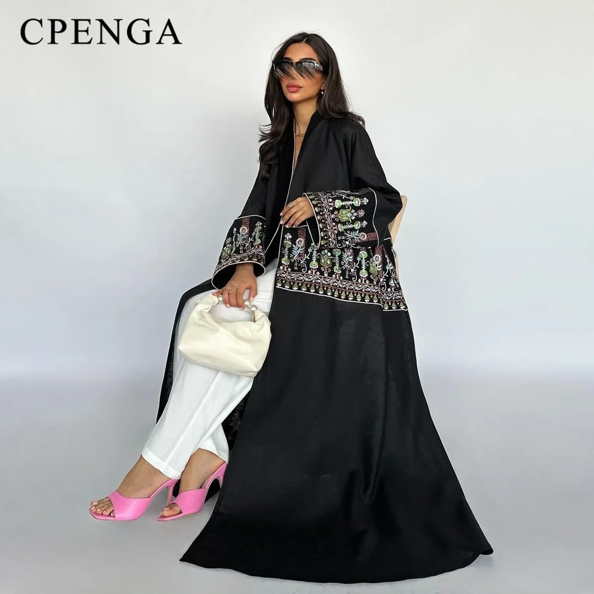 2024 Flower Embroidery Sleeve Dubai Kimono Abaya Dress Luxury Ramadan Saudi Arabia Women Modest Cardigan Islam Turkey Plain Robe