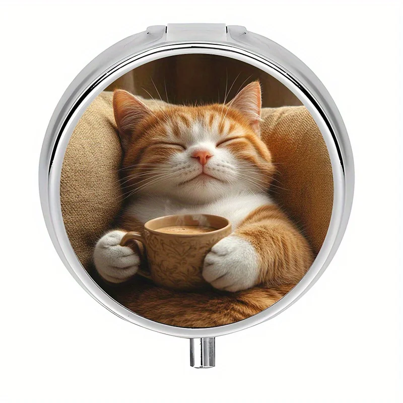 1-piece pill box with 3 compartments, cute cat coffee-themed mini pill box, medication storage box, portable pill box, suitable for purse or wallet