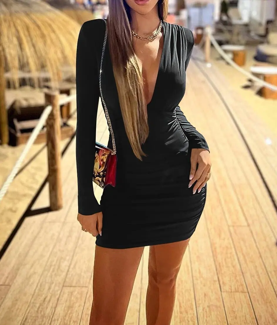 Minivestido negro con escote en V profundo, manga larga, fruncido, ajustado, elegante, informal, para fiesta diaria