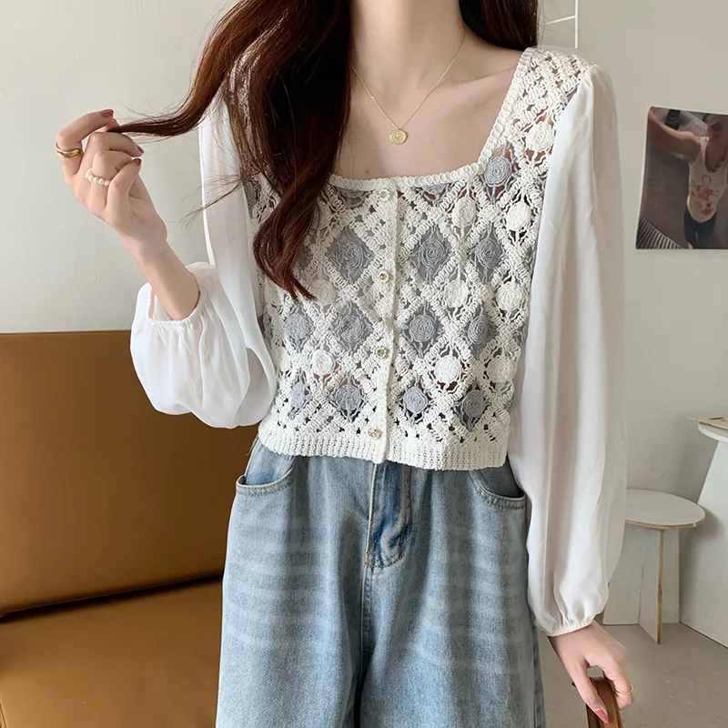 Korean Summer Chiffon Shirt Women Blouse Square Neck Loose Top Hollow Out Spliced Sunscreen Shirt