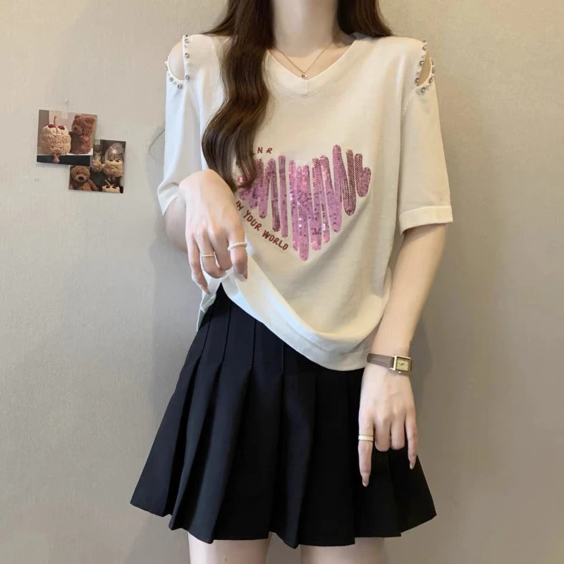 Designer V-neck Off-the-shoulder Short-sleeved T-shirt Summer  Women's Blouse Concealing Flesh Showing Slim Figure Sequined Top