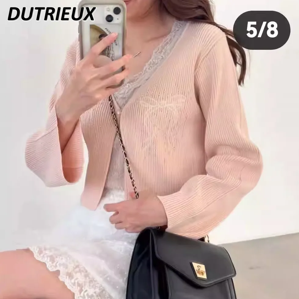 Spring and Autumn New Embroidered Bow Sweet Girl One Button Cardigan Solid Color Versatile V-Neck Short Knitted Sweater