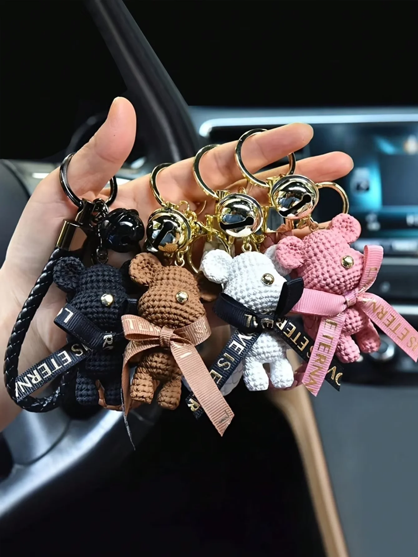 Cartoon Teddy Bear Plush Keychain with Bell 3D Figurine Bag Decoration Soft Car Keychain