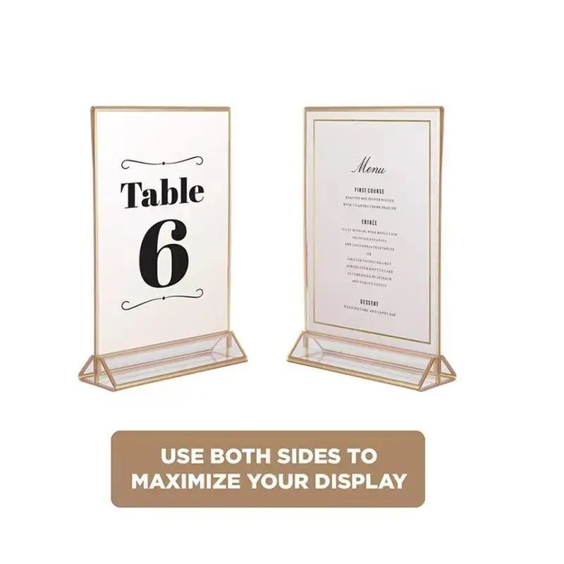 1Pc 4X6 Inch Transparent Acrylic Tabletop Display Stand Sign Card Holder With Golden Frame Menu Paper Stands