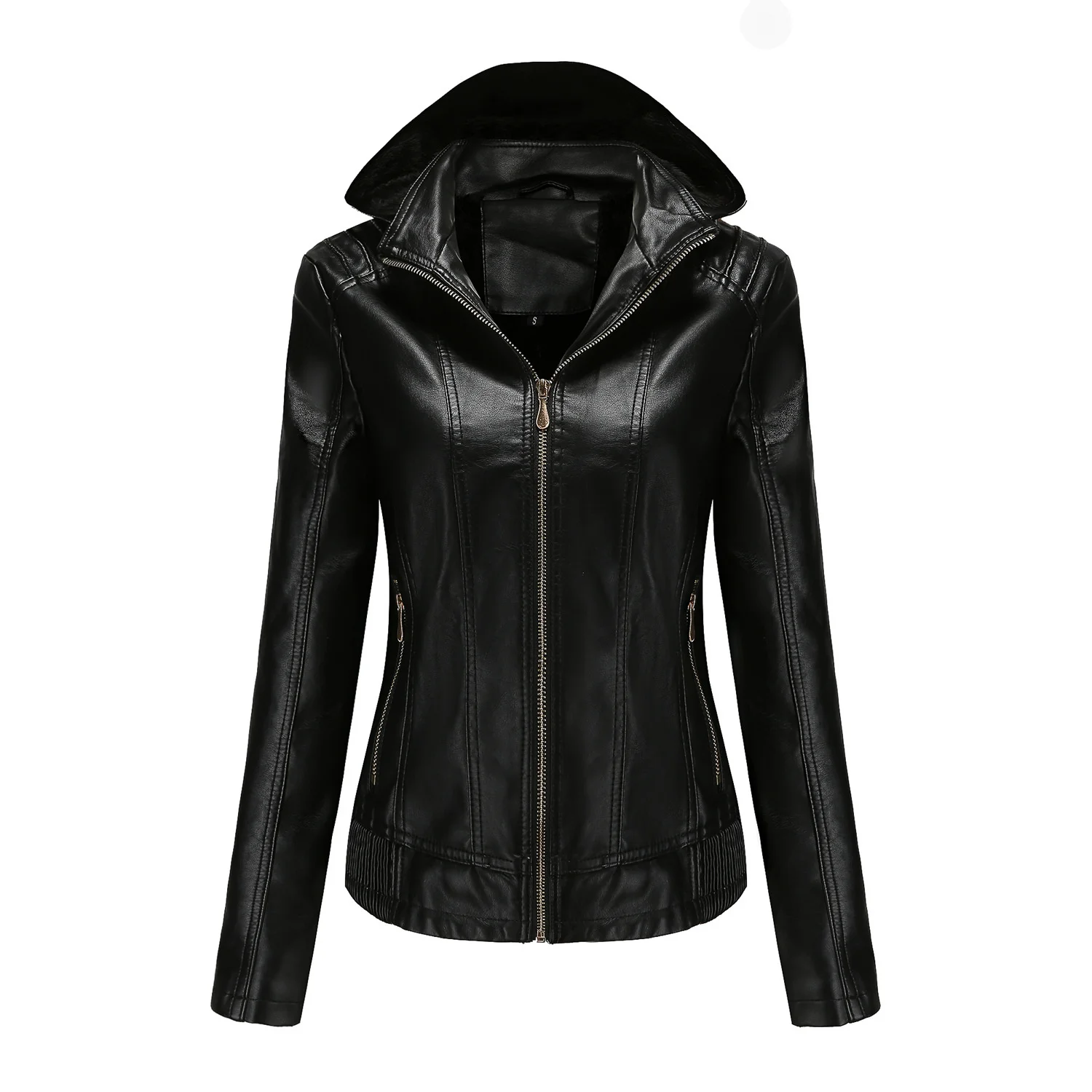 Aw2023 hooded leather women\'s detachable hat zipper long sleeve plush leather jacket European size slim fit coat