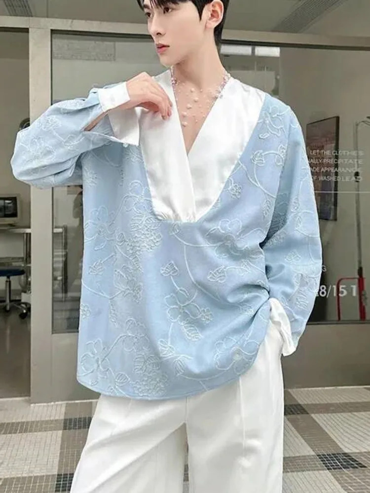 Jacquard Vintage Men's V Neck Shirt Color Block Oversized Fit Long Sleeve Casual Streetwear Premium Top N9OX
