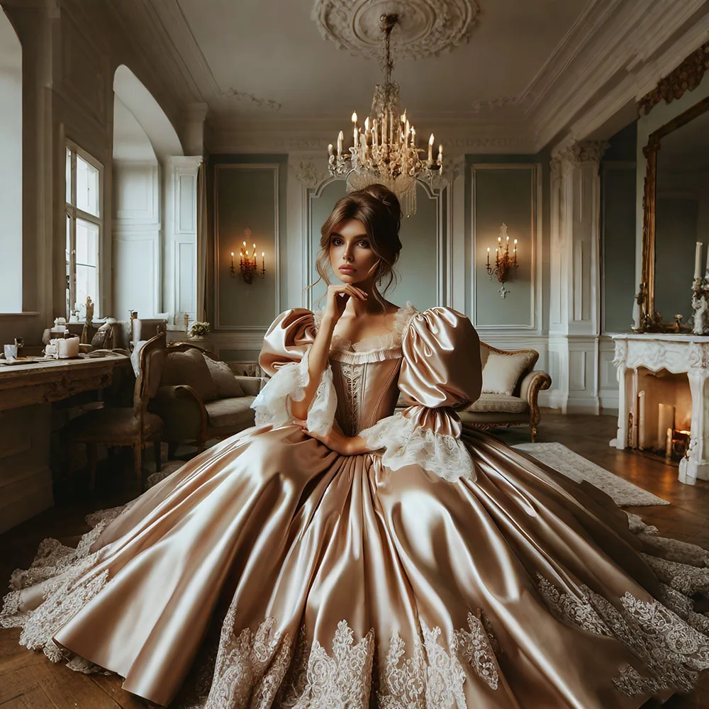 Vintage Victorian Pink Prom Dresses Long Sleeves Square Collar Corset Ball Gown Appliques Medieval Special Occasion Customized