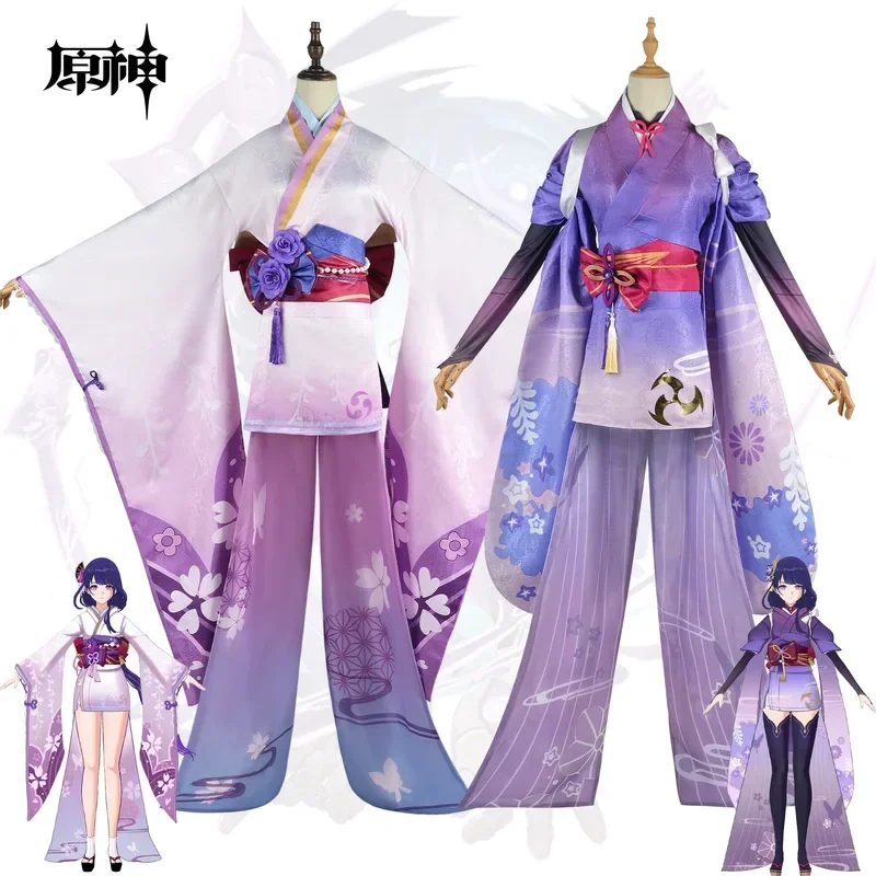 Genshin Impact Shogun Raiden Ei Makoto Beelzebul Cosplay Kimono Costume Wig Set Maid Dress Women Halloween CMM221