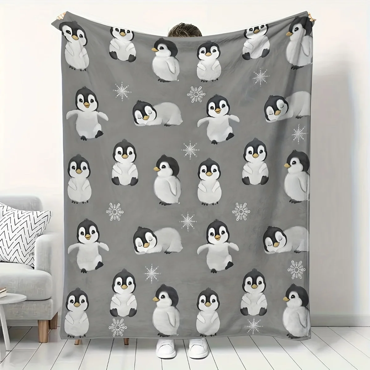 Suchwarm Vintage Penguin Print Gray Flannel Blanket, Suitable for All Seasons, Digital Printing, Polyester Fabric, Multi-Purpose