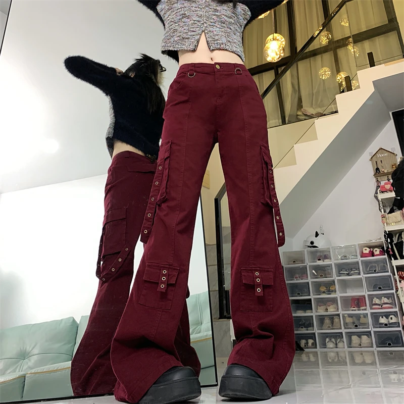 Trashy Y2K 2000S Streetwear Wine Red Baggy Flare Cargo Jeans Pants For Women Clothing Multi Pockets Straight Lady Trousers Ropa