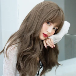 NAMM Synthetic Loose Body Curly Light Brown Wigs With Neat Bangs High Density Long Curly Hair Wig for Women Daily Use