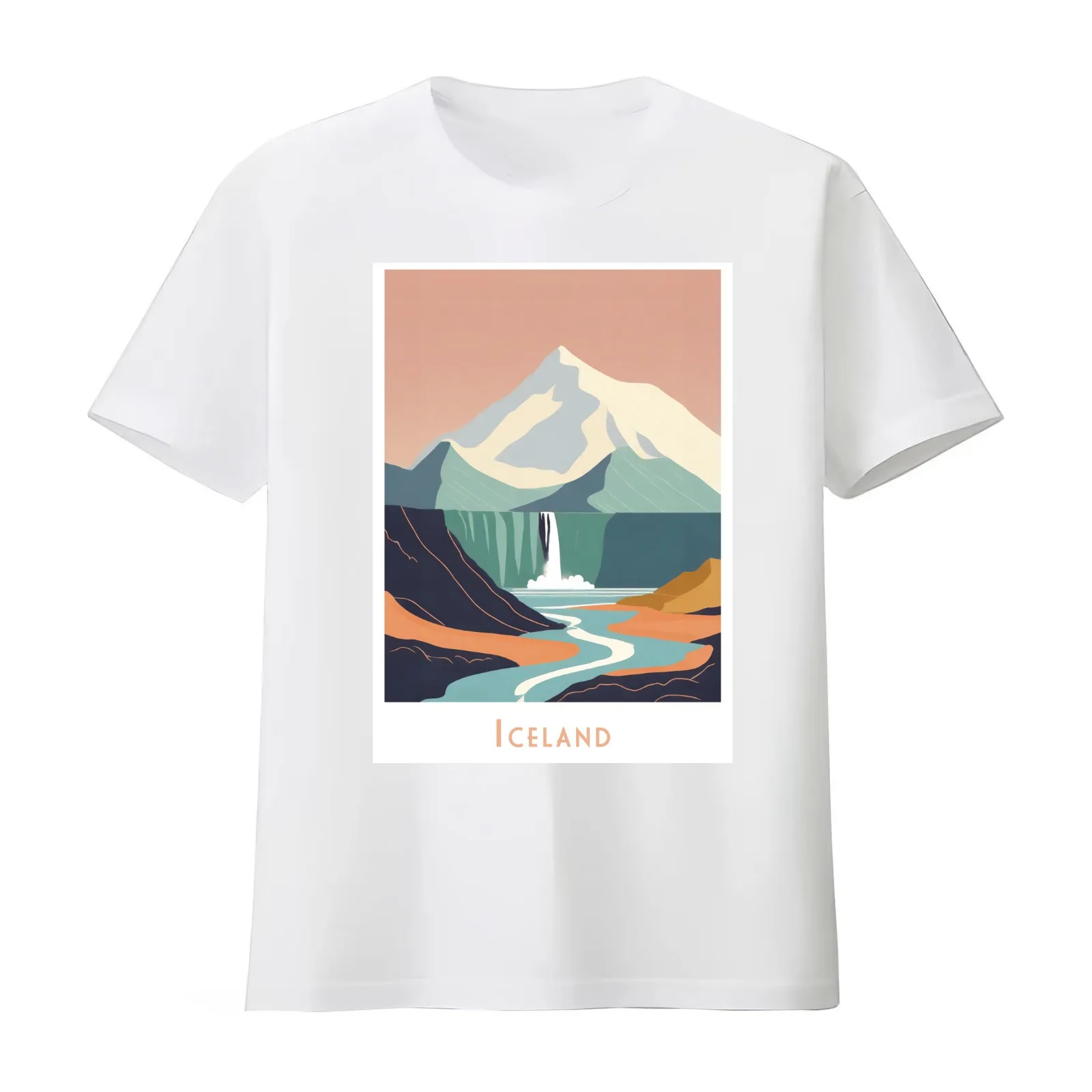 Vintage Minimal Retro Travel Poster Waterfall in Iceland T-Shirt Summer Casual Cotton Tee Oversized Streetwear Tops
