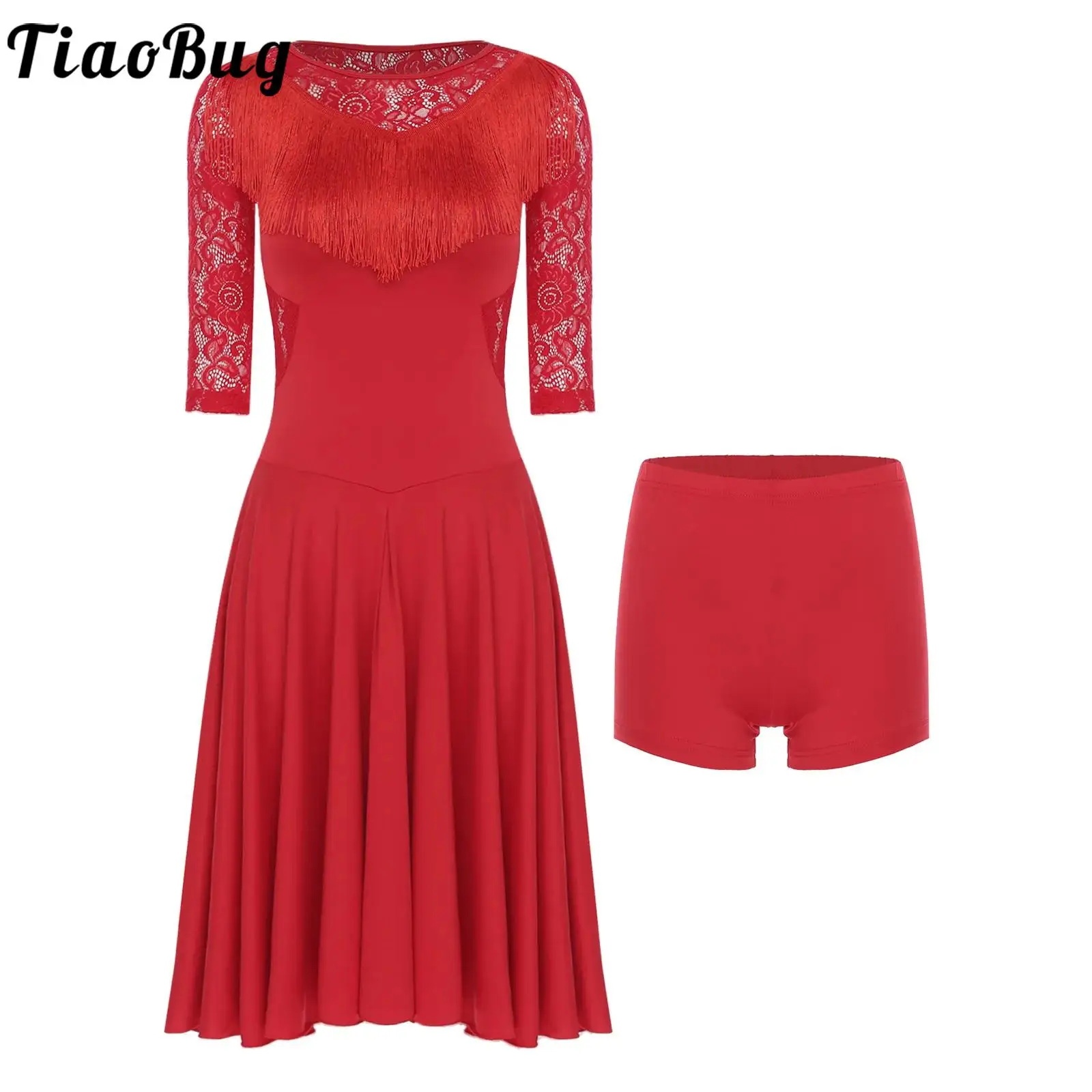 

Women Latin Dance Ballroom Samba Rumba Tango Dress Competition Costume Sheer Floral Lace 3/4 Sleeve Swing Dress and Shorts Set