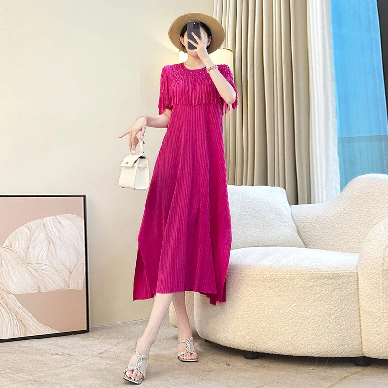 

ALSEY 2025 Summer Skirt Solid Colour Tassel Splicing Design Women's Dresses Elastic Loose Round Neck Short Sleeve Pleated Dress
