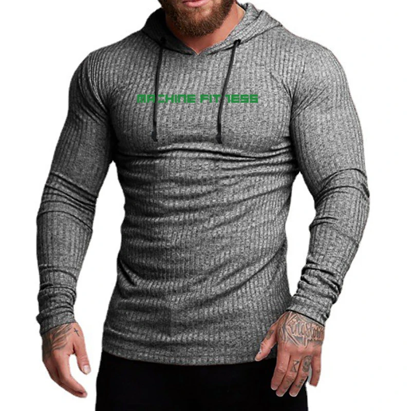 New Stripe Slim Fit Long Sleeve Breathable Quick Dry Knitted Hooded Shirts Gym Fitness Bodybuilding Muscle Mens Casual T-shirts