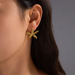 New Gold Color Minimalist Starfish Earrings for Women Girl Ear Stud High-End Stainless Steel Jewelry Christmas Gift Accessories