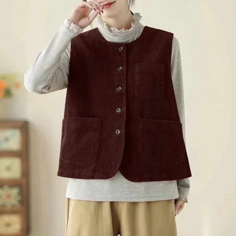 

Spring Autumn 2025New Vintage Round Neck Joker Corduroy Vest Women's Jacket Casual Loose Ladies Sleeveless Waistcoat Female Tops