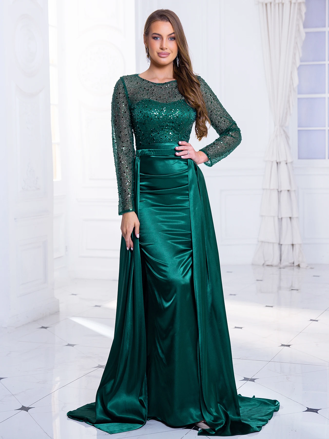 Long Sleeve Sequin Floor Length Party Dress Padded O Neck Long Evening Night Gown with Detachable Satin Skirt Green Gold