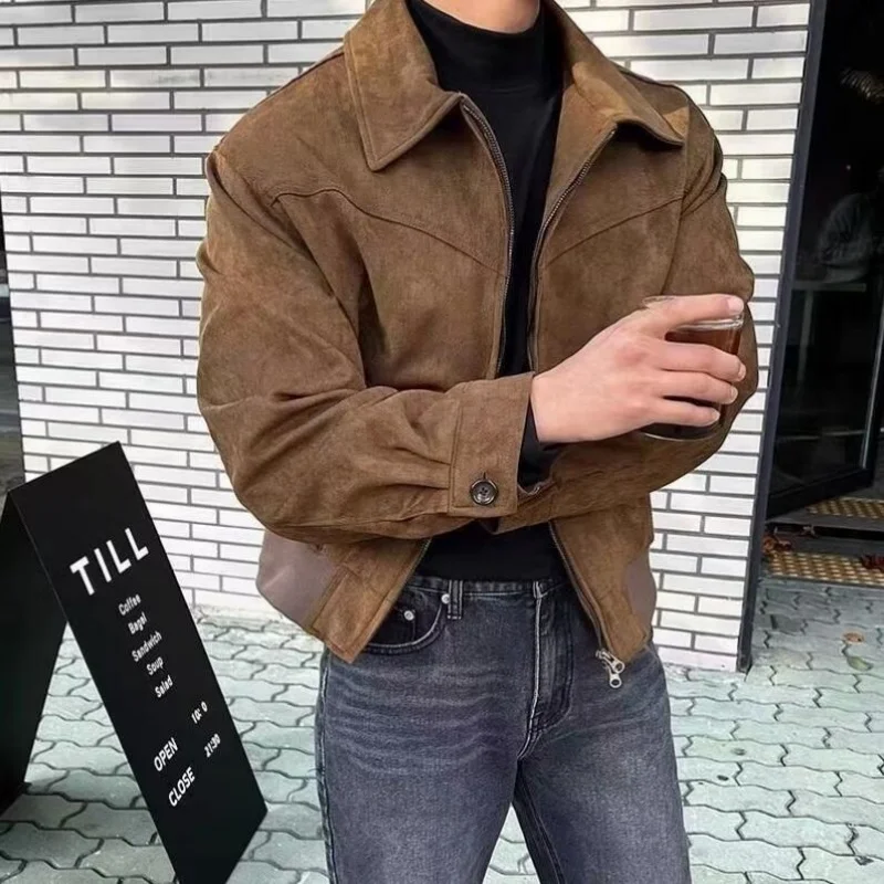 

Elegant Solid Brown Coat Men's Spring Autumn High-end Loose Lapel Plush Top Winter New Zipper Short Jacket Vintage Streetwear
