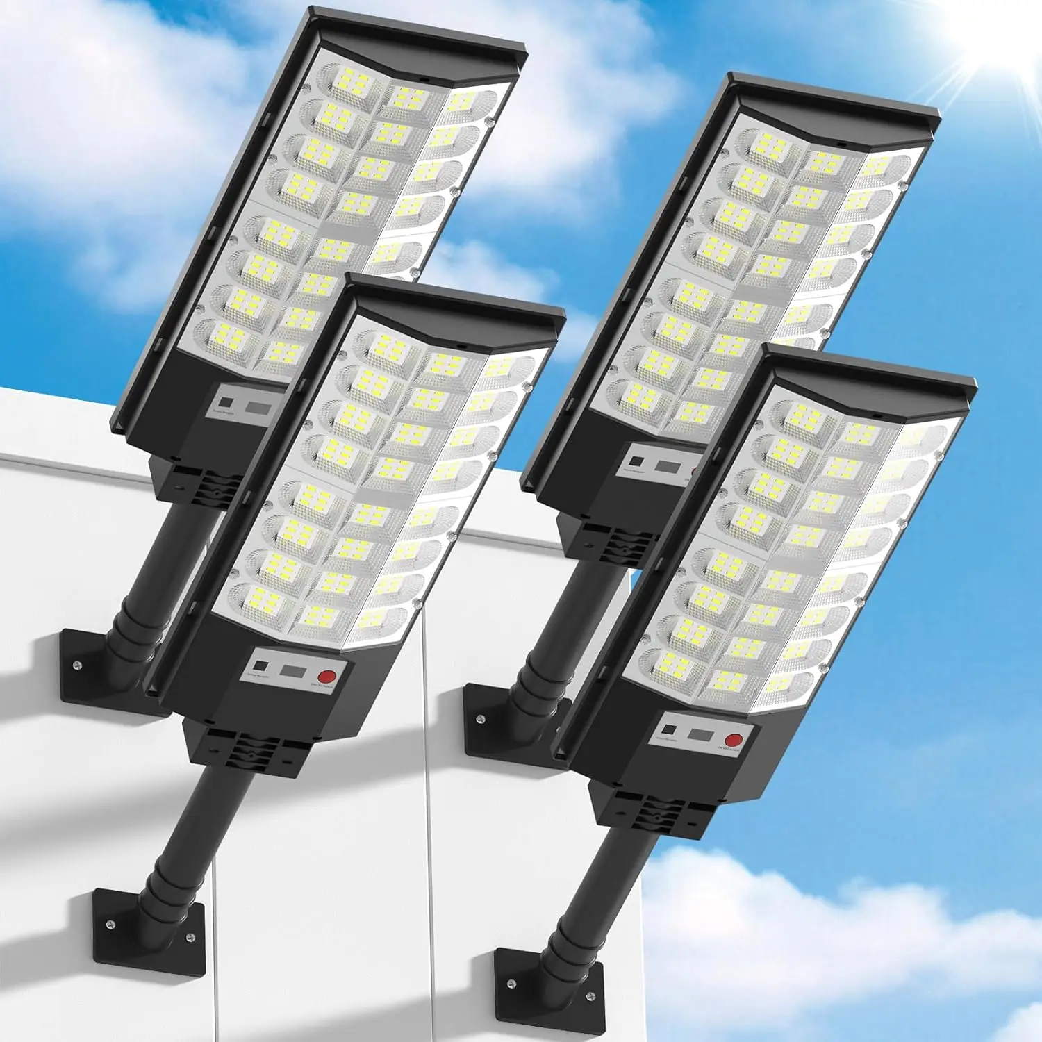 4 Pack Solar Street Lights Outdoor, IP66 Waterproof Motion Sensor Flood Light with Remote for Yard Garden Parking