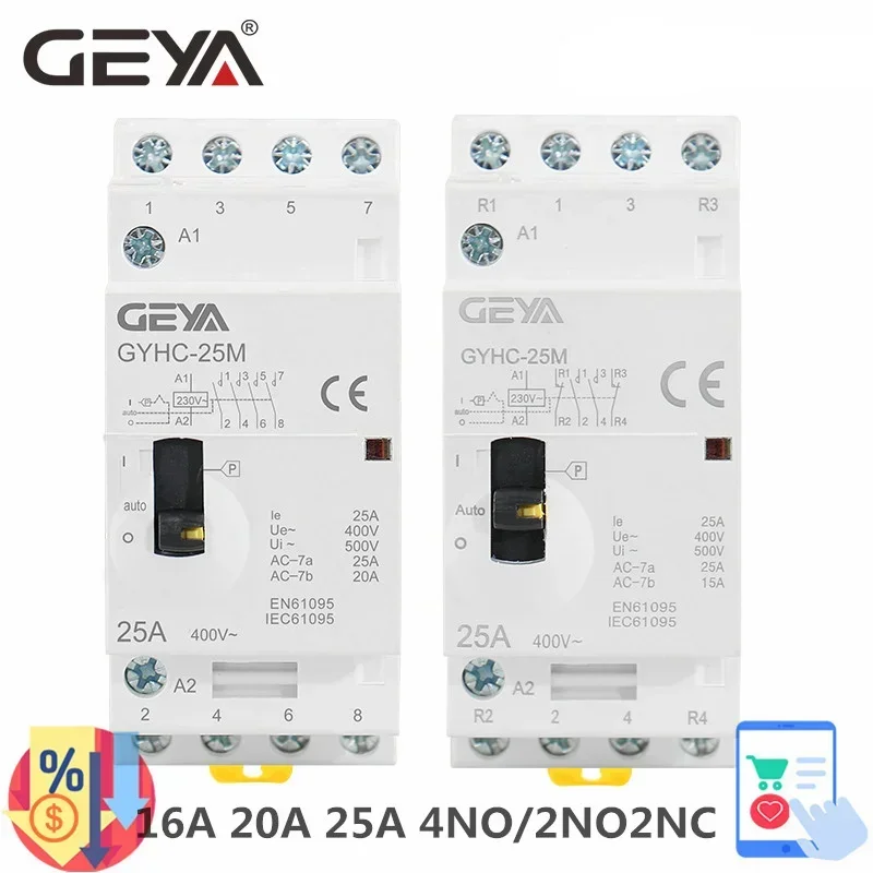 

GEYA GYHC 4P 25A 4NO or 2NO2NC 220V/230V 50/60HZ Din rail Household AC Modular Contactor Manual Type