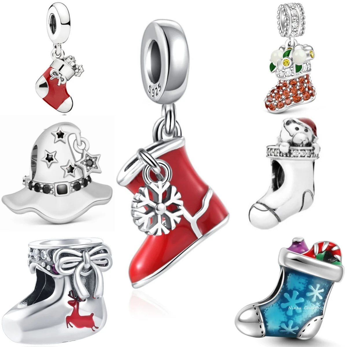 

New 925Silver Christmas Gifts Series Christmas Hat Socks Charm Beads Fit for Original Bracelets DIY Women's Jewelry Accessories