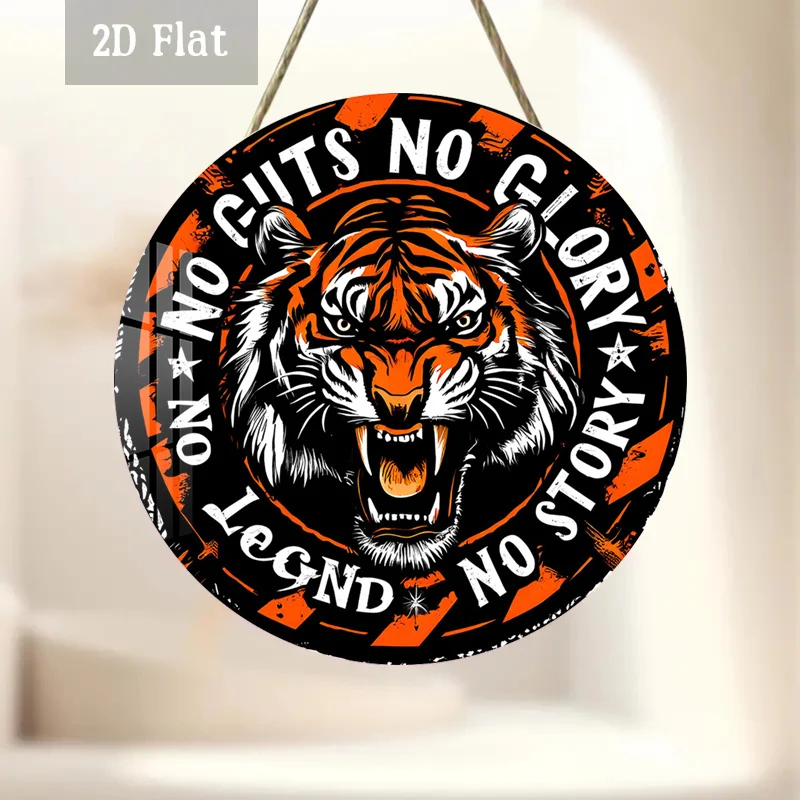2D Flat - 1pc Wild Tiger Woodblock Printing Decoration, Angry Animal Round Wall Decor Grunge Style Round Wooden Decoration, Bold