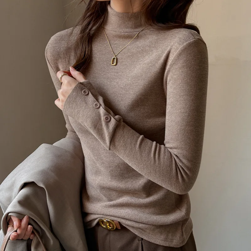 قميص نسائي شتوي موديل 2025 برقبة وهمية وأكمام طويلة من الأكريليك الأساسي بقصة ضيقة قميص حراري ناعم مريح أو ملابس غير رسمية #1