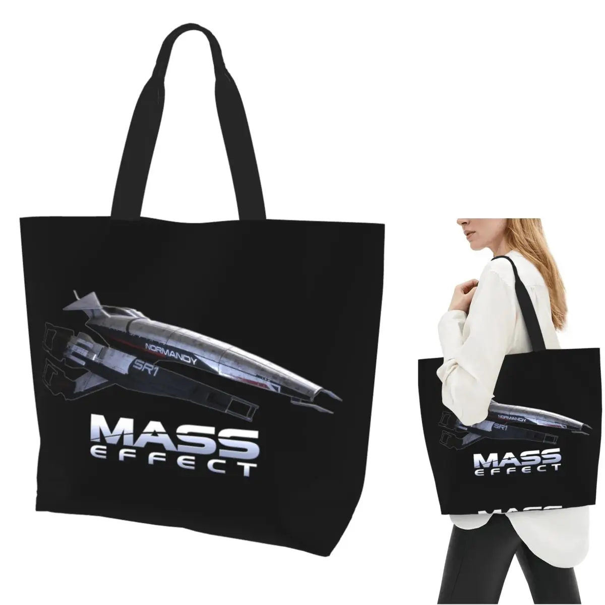 Mass Effect Normandy SR1 Shopping Tote Bag Canvas Large Capacity Shoulder Bags Shopper Grocery Handbag for Women